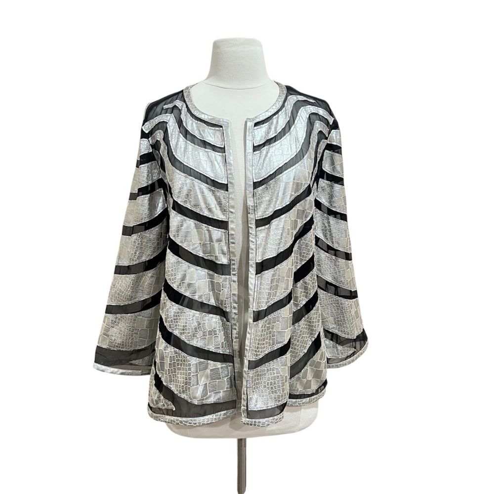 Chico's Travelers Silver Snakeskin and Black Mesh Cardigan Jacket Size 2 (Large)